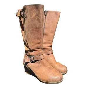 Keen of Scots Wedge Boots Tall Leather Buckle Accent Brown 6.5 Rustic Boho‎